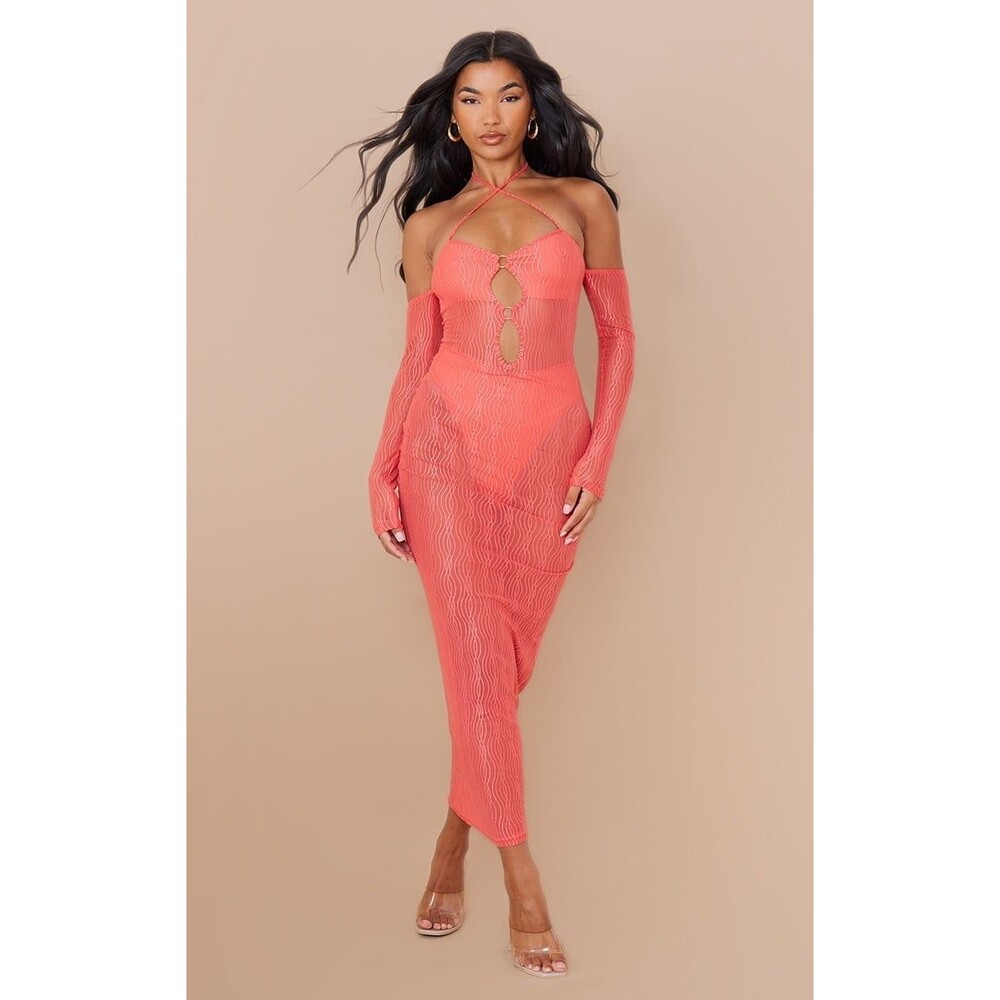 Pretty Little Thing Orange Textured Mesh Ring Detail Cut Out Midaxi Dress US 4